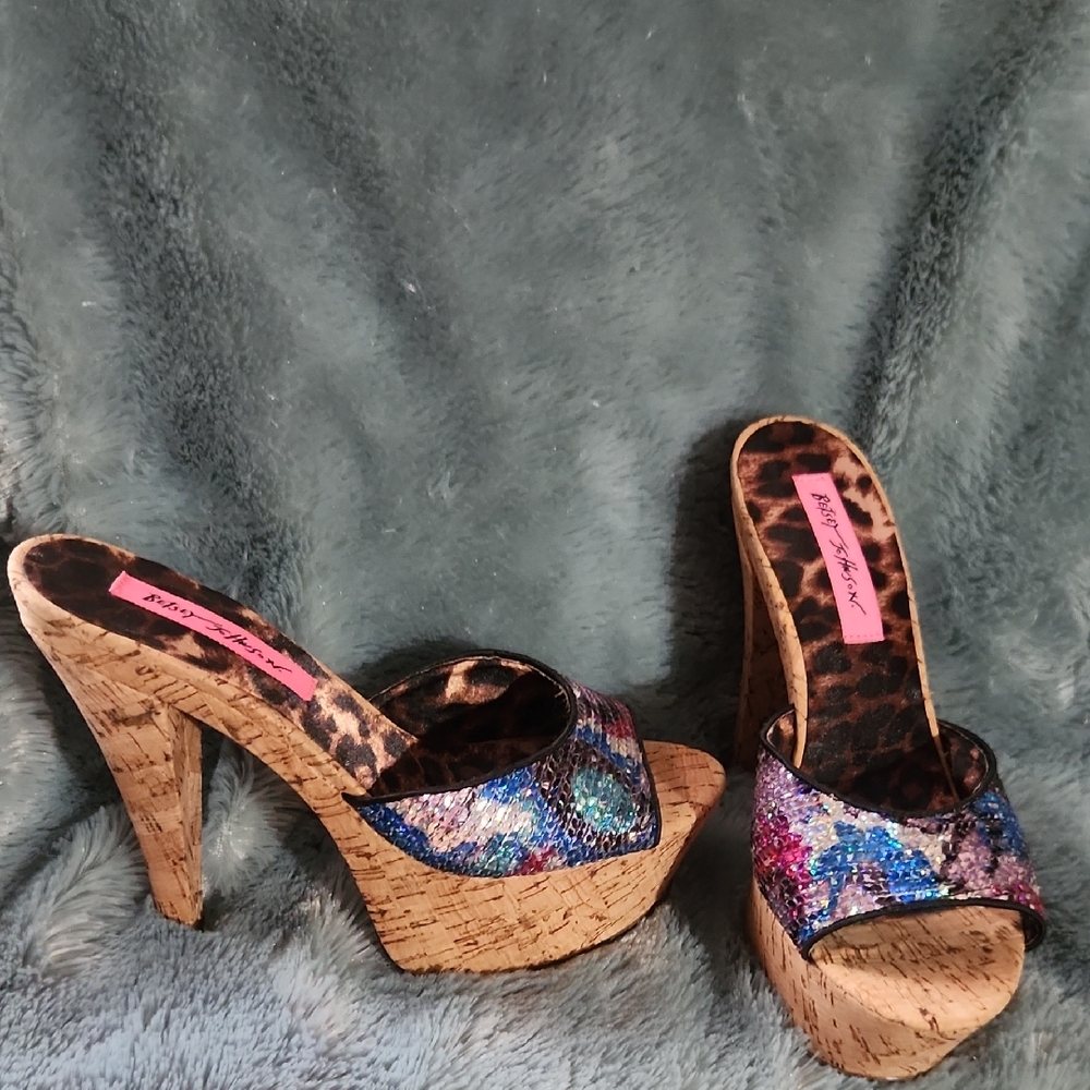Betsey Johnson Blue and Pink Sequin Platform Cork Heels New 7.5